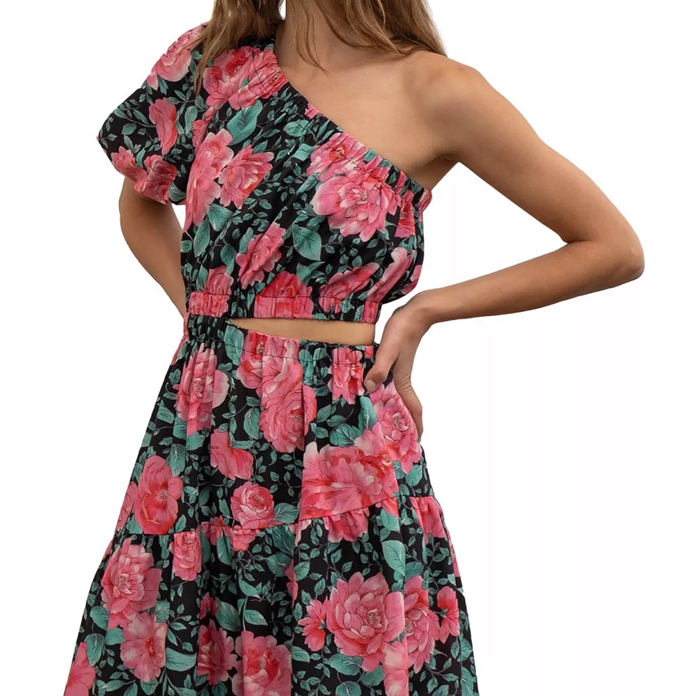 Moon River One-Shoulder Black Maxi Dress with Pink Floral Print